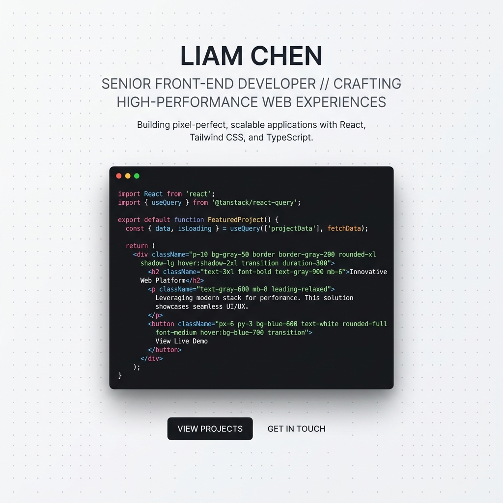 Alex Carter Developer IDE Mockup with Colorful Code Snippets